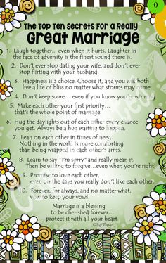 the top ten secrets for a really great marriage poster with an image of flowers on it