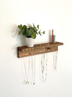 a potted plant sitting on top of a wooden shelf with chains hanging from it