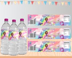 water bottle labels with cartoon characters and rainbow colors on the label, along with two bottles of water