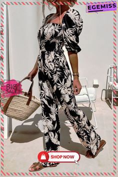 Casual Print Split Joint Square Collar Straight Jumpsuits(3 Colors) Casual V-neck Jumpsuits And Rompers With Tropical Print, Printed Jumpsuits And Rompers For Beach, Casual Black Printed Jumpsuit, Casual Black Printed Jumpsuit/romper, Casual One-piece Jumpsuit For Spring, Casual Non-stretch Jumpsuits And Rompers For Beach, Casual One-piece Jumpsuit/romper For Day Out, Chic Tropical Print Jumpsuits And Rompers For Spring, Casual Printed Jumpsuit For Vacation