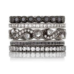 Stack No. 5 is an embellishment for the holidays, crisp with blackened gold as midnight winter frost. This Sethi Stack includes the following styles: Bezel Black Diamond Band in Blackened Gold Channel White Diamond Band in Blackened Gold Scroll White Diamond Band in Blackened Gold Channel Black Diamond Band in Blackened Gold Prong White Diamond Band in Blackened Gold 18K Blackened Gold Rose Cut White Diamonds Brilliant Cut White Diamonds Brilliant Cut Black Diamonds Stack Width: 14.9mm Eternity Band Set, Colored Diamond Jewelry, Black Diamond Bands, Rosecut Diamond Ring, Diamond Eternity Band, Wedding Rings Unique, Black Diamonds, Jewelry Repair, Eternity Band Diamond