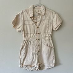 Brand New Never Worn Tts Beige Color White Denim Jumpsuit With Pockets, Relaxed Fit Cotton Overalls For Day Out, Cream Cotton Jumpsuits And Rompers With Pockets, Trendy White Denim Jumpsuit With Pockets, Summer Cotton Button-up Overalls, Trendy White Cotton Denim Jumpsuit, Casual Cream Jumpsuits And Rompers For Spring, White Relaxed Fit Denim Overall Jumpsuit, Cotton Denim Jumpsuit With Short Sleeves For Day Out