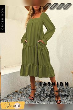 Loose Square Collar Solid Color Long Sleeve Big Swing Dress Flower Print Midi Dress, Women Maxi Dresses, Square Neck Long Sleeve, Maxi Dress Outfit, Blue Army, Orange Light, Green Midi Dress, Women Maxi, Fashion Color