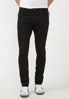 Step into style with the Skinny Max Men's Jeans in Midnight Wax. These striking jeans feature a unique crinkled dark denim finish, adding both texture and trendy attitude to your look. They are designed with a regular rise and a skinny fit that follows the leg to the hem, delivering a modern silhouette perfect for any fashion-forward guy. The classic five-pocket styling, complemented by a zip fly and a distinctive Buffalo rivet at the rear pocket, makes these jeans a timeless addition to your wa Urban Black Slim Fit Jeans, Black Stretch Jeans With Tapered Leg, Urban Black Jeans With Tapered Leg, Black Slim Denim Bottoms, Black Urban Tapered Leg Jeans, Urban Black Tapered Jeans, Black Stretch Slim Jeans, Black Slim Stretch Jeans, Black Slim Bottoms With Five Pockets