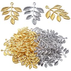 three different types of metal leaves on white and gold background with clippings to the side