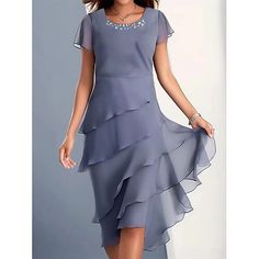 Season:Summer; Fabric:Chiffon; Sleeve Length:Short Sleeve; Look After Me:Machine wash; Gender:Women's; Style:Formal,Elegant; Elasticity:Micro-elastic; Occasion:Cocktail Party,Wedding Guest; Fit Type:Regular Fit; Dresses Type:Chiffon Dress,Plain Dress; Design:Layered,Ruffle; Neckline:Crew Neck; Listing Date:06/25/2024; Bust:; Length:; Shoulder Width:; Waist:; Fit US Size:; Fit UK Size:; Fit EU Size:; Dress Length Type:Midi Dress; Print Type:non-printing Midi Dress Layering, 파티 드레스, Casual Party Dresses, Chiffon Fashion, Ruffles Fashion, A Line Shorts, Dress Chiffon, Solid Color Dress, Aaliyah