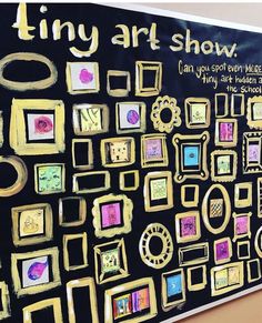 a black board with gold and pink artwork on it that says tiny art show can you spot every missing?