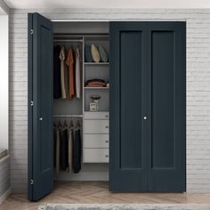 an open closet with two doors and clothes hanging on the shelves in front of it