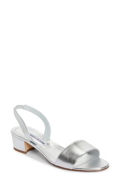 Fashioned from silver metallic leather, this modern sandal is set on a low block heel and secured with a stretchy slingback strap. 1 1/4" heel, 31mm (size 38.5) Elasticized slingback strap Leather upper, lining and sole Made in Italy Designer Shoes Silver Slingback Sandals For Summer, Silver Slingback Sandals For Formal Summer Events, Silver Slingback Sandals For Summer Evenings, Silver Slingback Sandals With Removable Insole, Silver Open Toe Slingback Pumps For Summer, Silver Slingback Sandals For Spring, Silver Slingback Open Heel Sandals For Spring, Silver Open Heel Slingback Sandals For Spring, Silver Low Heel Slingback Sandals For Summer