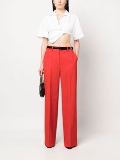 Lanvin wide-leg Tailored Trousers - Farfetch Formal Red Bottoms With Welt Pockets, Red Formal Bottoms With Welt Pockets, Red Straight Dress Pants For The Office, Red Straight Dress Pants For Office, Classic Red Wide Leg Bottoms, Chic Red Dress Pants For Formal Occasions, Red Fitted Wide Leg Pants For Office, Red Wide Leg Dress Pants For Formal Occasions, Formal Red Wide Leg Dress Pants