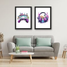 two framed pictures hang above a couch in a living room