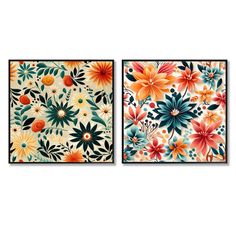 two paintings with flowers on them, one is orange and the other is blue in color