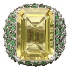 14kt Whte Gold high mounting with several rows of graded Tsavorite stones, prong set, contrasting with a flawless, crisp - Lemon Citrine. Bombe Ring, Tiny Engagement Rings, Tsavorite Ring, Rings Luxury, Precious Jewels, Rocks And Gems, Ring Pendant Necklace, Put A Ring On It, Domed Ring