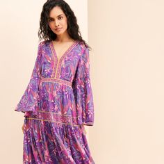 Sway Together Maxi Dress | Nuuly Rent Silk Long Sleeve Midi Dress For Beach, Bohemian Silk Midi Dress For Fall, Feminine Fall Viscose Dresses, Bohemian Viscose Midi Dress For Day Out, Purple Beach Dress For Fall, Purple Silk Dress For Daywear, Silk Long Sleeve Midi Dress For Vacation, Long Sleeve Silk Midi Dress For Vacation, Silk Maxi Dress For Day Out