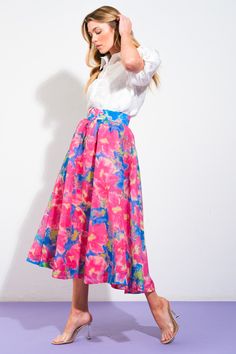 A printed woven full midi skirt featuring back zipper closure and self belt Details: Self : 100% PolyesterLining: 100% Polyester Size & Fit - Model is 5`8" And Wearing Size Small- Measurements Taken From Size Small- Approx. Length: 34" Spring Multicolor Voluminous Skirt, Pink Floral Print Full Skirt Bottoms, Pink Floral Print Full Skirt, Full Midi Skirt, Fuchsia Dress, Chiffon Floral, Flying Tomato, Scarf Sale, Curve Dresses