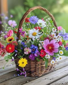 a basket filled with lots of colorful flowers on top of a wooden table next to another basket