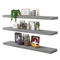 three shelves with various items on them, one is white and the other is grey