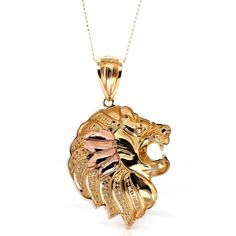 * INTRODUCTION----- This Lion Head pendant is made with 14K gold 3 tone with CZ. It looks so royal and exquisite. The luxury yellow gold color stands out like no other. Every angles and line are so beautiful. It's an affordable gold gift for yourself and your love. * Specifications: approx.T & G Weight: 24.36 g Material: 14K 3 Tone Solid GoldPendant Dimensions (LWH): 69.44 mm * 45.7 mm * 8.14 mm Second stone: CZChain Style: 18k Solid Wheat Gold Chain Chain Length: 18 In, W 1.910 g Out of Stock a Yellow Gold Color, Gold Lion, Gold Chain With Pendant, White Gold Chains, Gold Gift, Lion Head, Unique Gemstones, Chain Pendants, So Beautiful