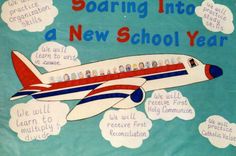 a blue and white poster with an airplane in the sky on it that says soaring into a new school year