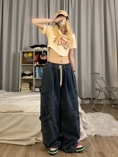 Size: M L XLWaist shape: Natural waistColor classification: BlueSeason: AutumnYear Season: Fall 2022Thickness: RegularTrouser length: Long pantsStyle: wide-legged pantsColor: Dark Wide Leg Cargo Pants, Long Pants, Fashion Pants, Cargo Pants, Wide Leg Pants, High Waist, Wide Leg, Trousers, Solid Color