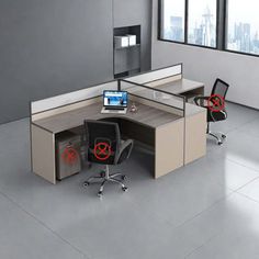 an office cubicle with two chairs and a computer on the desk in front of a large window