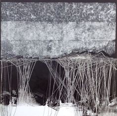 an abstract painting with many wires in the air and snow on the ground around it