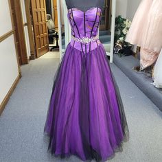 Strapless Purple Tulle Evening Dress, Purple Prom Dress With Sheer Bodice, Purple Sheer Bodice Dress For Prom, Purple Wedding Dress With Lined Bodice, Purple Dress With Fitted Bodice For Debutante Ball, Fitted Purple Ball Gown With Sweetheart Neckline, Purple Fitted Dress For Debutante Ball, Purple Prom Dress With Corset Back, Fitted Purple Dress For Debutante Ball