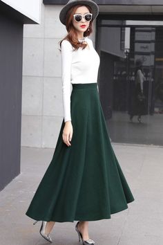 Classical flared skirt for women j001# – XiaoLizi Transform Old Clothes, Green Wool Skirt, Corduroy Skirts, Green Skirt Outfits, Patterns Skirt, Style Dress Patterns, Long Wool Skirt, Skirt Patterns, Fashion Vest