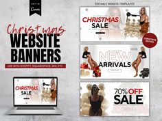 christmas sale banners with woman in bathing suit on laptop and other items for the sale