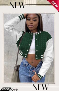 Women Fall Contrast Long Sleeve Reversible Crop Baseball Jacket Summer Cover Ups, Winter Parka, Fall Coat, Spring Jackets, Baseball Jacket, Outerwear Women, Outerwear Jackets, Cover Up, Jackets & Coats