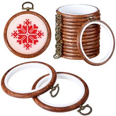 cross - stitch kit with wooden rings and ring holders for mugs, coasters or key chains