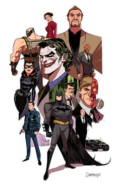 the many faces of comic characters in their costumes and outfits, with one man wearing a suit