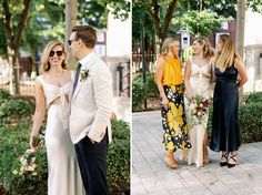 two pictures of people standing next to each other and one is wearing a dress that has yellow flowers on it