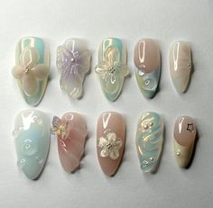 💖Not sure about size/length? Message me!   If you can in between sizes, opt for a larger size; you can always file them down later. Comes with a free nail prep kit 24*Sticker Tab Alcohol Pad Cuticle pusher Nail File ⚠️NOTE: ALL nails are handmade; exchanges or returns are not accepted. Thank you for your understanding!" 🦋Shipping🦋 Usually, we need 10-15 business days to make your order. Shipping takes anther 7days to arrive. Seashell Nails, Acrylic Press On Nails, Pretty Gel Nails, Really Cute Nails, Nail Swag, Manicure Y Pedicure, Dream Nails, Funky Nails, Pretty Acrylic Nails