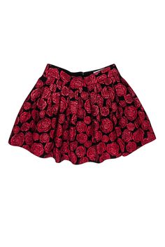 Make a bold statement this Valentine's Day with this Alice & Olivia flared skirt! Featuring a playful black and red rose print, the pleated waist adds a touch of elegance to this flirty piece. Perfectly pairs with a black top for a stunning fall floral ensemble. Size 6 Shell 32% Nylon, 23% Acrylic, 20% Polyester, 16% Acetate, 9% Wool Lining 98% Polyester, 2% Spandex Exposed back zipper Pleated waist Flared Skirt Waist 32" Length 16.5" Red Floral Print Party Bottoms, Party Red Floral Print Bottoms, Red Floral Print Skirt For Fall, Floral Print Full Skirt For Party, Red A-line Bottoms For Party, Floral Print Flared Skirt For Party, Floral Print Skirted Bottoms For Party, Red A-line Party Bottoms, Party Skirted Bottoms With Floral Print