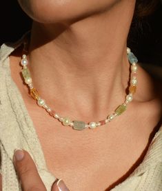 "Candy colored raw stone pearl necklace -Raw tourmaline, citrine, & aquamarine -Freshwater Pearls -Components/clasp in 14k gold filled  -Available in 16\" (pictured) & 18\" lengths  **Raw stones vary in size, color and saturation" Knotted Bead Necklace, Stone Beads Necklace, Raw Tourmaline, Diy Armband, Pretty Jewelry Necklaces, Letter Earrings, Beaded Jewellery, Necklace Chunky, Stone Beaded Necklace