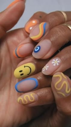 May Themed Nails, Funky Nails 2023, Retro Style Nails, European Summer Nails 2023, Happy Face Nails Art, Nails Acrylic Abstract, Smiley Face Nails Aesthetic, Weird Nails Design, Retro Acrylic Nails