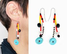 Memphis milano style colorful Silver 925 ear wire Earrings. These earrings are perfect for everyday or special occasion, suit any outfit and style and lighten up your face.  They measure ~6,8x1,4cm (2.7"x0.5") and are made of turquoise, matte black onyx, red, white and black miyuki delica beads and hematite with 925 Silver ear wire attached. PLEASE NOTE: Due to handmade nature of the earrings, they can never be exactly the same. Colors depicted on your screen may be slightly different from the a Funky Adjustable Dangle Earrings, Funky Drop Earrings With Ear Wire, Artistic Multicolor Summer Jewelry, Artsy Summer Earrings With Ear Wire, Handmade Funky Earrings For Summer, Multicolor Linear Earrings Gift, Modern Multicolor Sterling Silver Earrings, Modern Adjustable Multicolor Earrings, Multicolor Dangle Linear Earrings