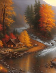 a painting of a cabin by the river