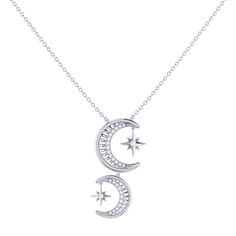 "It's all glitz and glam with the Twin Nights Necklace. Crafted in 925 Sterling Silver, this necklace features 100% natural, genuine diamonds. 0.08 carats of diamonds are used in individual plate prong and collet prong settings. This necklace is also offered in 14 KT Yellow Gold Vermeil, which gives the piece a long-lasting shelf-life. This necklace is 18\" long and uses a cable chain with lobster clasp. The motif is 27.3 mm long and 13 mm wide. This necklace is beautifully presented with the in Celestial Sterling Silver Necklace With Single Cut Diamonds, Celestial Diamond Necklaces For Formal Occasions, Celestial Style White Gold Necklace With Cubic Zirconia, Celestial Diamond Necklace For Formal Occasions, Celestial Style Diamond Necklace For Formal Occasions, Celestial Necklaces With Single Cut Diamonds For Anniversary, Celestial Style Necklaces With Single Cut Diamonds For Anniversary, Celestial Necklace With Single Cut Diamonds For Anniversary, Celestial White Gold Necklaces With Diamond Accents