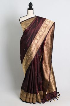 Silk Mark Certified Mashru Banarasi Silk Saree in Coffee Brown and Gold. #banarasi #brown Festive Brown Traditional Wear For Ceremonies, Brown Traditional Wear With Cutdana For Puja, Brown Traditional Drape For Puja, Brown Traditional Wear For Puja, Traditional Brown Cutdana Wear, Festive Brown Traditional Wear With Traditional Patterns, Traditional Brown Saree With Cutdana, Brown Pallu Traditional Wear For Puja, Brown Chanderi Traditional Wear For Puja