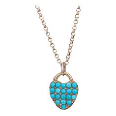 This is part of Chairish’s Fine Jewelry assortment.  Stylish and finely detailed antique Victorian turquoise & diamond heart locket pendant & necklace crafted in 15k yellow gold (pendant) and 9k yellow gold (chain), dating to the late 1880s to 1900s.    Turquoise cabochons each measure 2.5mm (well matching and in good condition showing minimal wear). 14 old rose cut diamonds total an estimated 0.07 carats (estimated at J-K color and I2 clarity).   The sweet, heart shaped locket is pave set with Elegant Turquoise Necklace With Heart Charm, Heirloom Turquoise Necklace As Gift, Heirloom Turquoise Necklace For Gift, Elegant Turquoise Locket Jewelry, Elegant Turquoise Locket Necklace, Heart Shaped Locket, Locket Pendant Necklace, Old Rose, Necklace Craft