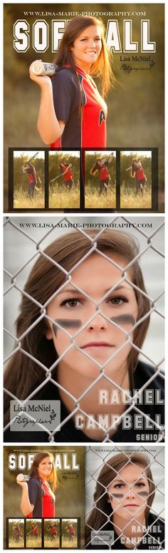 an image of a woman behind a fence with the words softball written in white on it