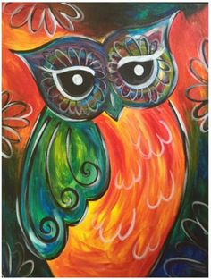 an owl painting on canvas with flowers and swirls