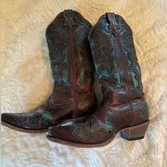 Purchased At French’s Boots In Nashville! Worn In, But Still New Looking. Gorgeous Detail. Size 7.5! I Put The Brand As Corral, But I’m Honestly Not Sure And Can’t Find It On The Boot. Turquoise Cowgirl Boots, Turquoise Cowgirl, Cowgirl Boots, Shoes Heels Boots, Find It, Nashville, Shoes Women Heels, Heeled Boots, Shoes Heels