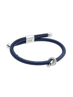 silver-tone/royal blue sterling silver engraved logo leather band knot detailing adjustable fit Classic Silver Leather Bracelet With Palladium Hardware, Adjustable White Gold Bracelet With Stainless Steel Clasp, Silver Leather Bracelet Strap Jewelry, Silver Leather Bracelet Jewelry, Silver Leather Jewelry With Bracelet Strap, Luxury Leather Bracelet Engraved, Silver Leather Bracelets For Formal Occasions, Formal Silver Leather Bracelets, Designer Adjustable Leather Bracelet