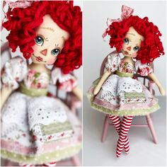 a doll with red hair sitting in a chair