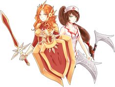 two women in costumes holding swords and shields, one is wearing a red dress while the other wears a white shirt