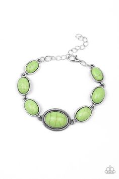 Slightly varying in size, smooth oval green stones are pressed into the centers of antiqued silver frames as they link around the wrist for a seasonal fashion. Features an adjustable clasp closure. Sold as one individual bracelet. Green Stone Bracelet, Mobile Boutique, Green Bracelet, Green Stones, Silver Frames, Paparazzi Accessories, Green Stone, Seasonal Fashion, Boutique Jewelry