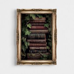 a painting of books with ivy growing on them in a gold frame against a white wall